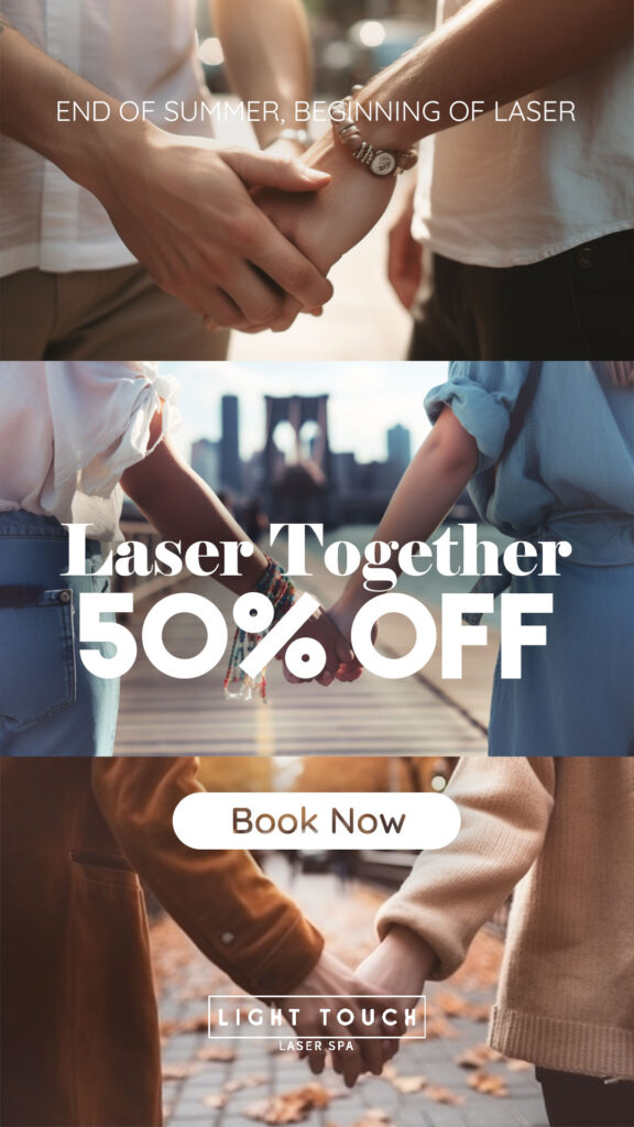 Come together and get 50% off on laser hair removal! Bring a friend, partner, spouse, neighbor, or anyone else you like, and when each of you purchases laser hair removal sessions, you both enjoy a huge 50% discount! Hurry and book now!